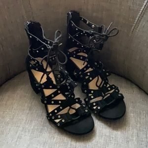 Jessica Simpson Black Suede Block Heel Sandal with groummets Size 8